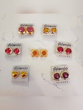 BOLD VTG DALESSIO Mixed Colors Shapes Gold Earrings Clip On 1980 Runway Lot of 7